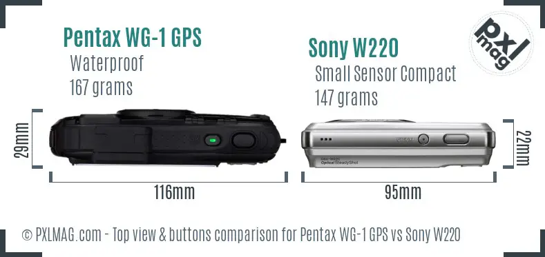 Pentax WG-1 GPS vs Sony W220 top view buttons comparison