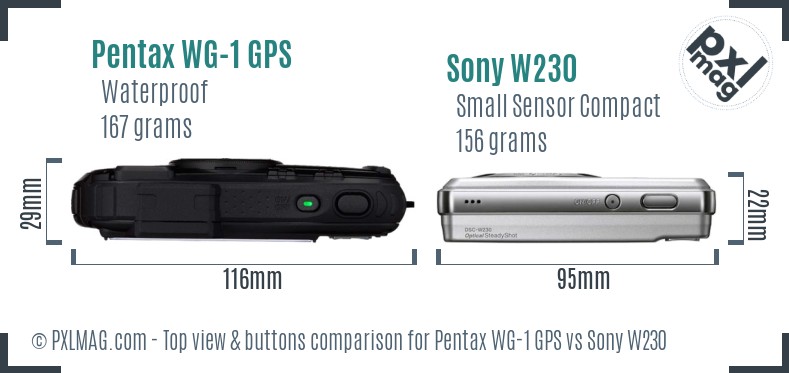 Pentax WG-1 GPS vs Sony W230 top view buttons comparison
