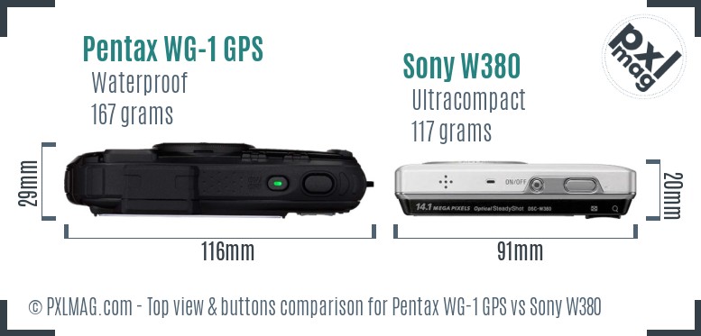 Pentax WG-1 GPS vs Sony W380 top view buttons comparison