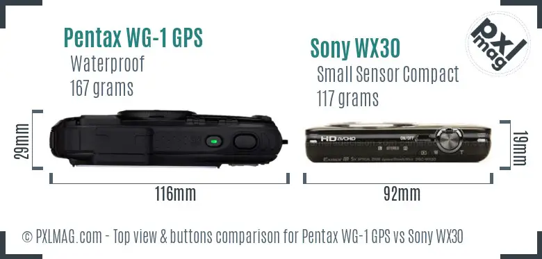 Pentax WG-1 GPS vs Sony WX30 top view buttons comparison Pentax WG-1 GPS vs Sony WX30 top view buttons comparison