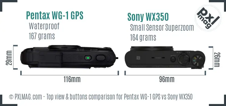 Pentax WG-1 GPS vs Sony WX350 top view buttons comparison Pentax WG-1 GPS vs Sony WX350 top view buttons comparison