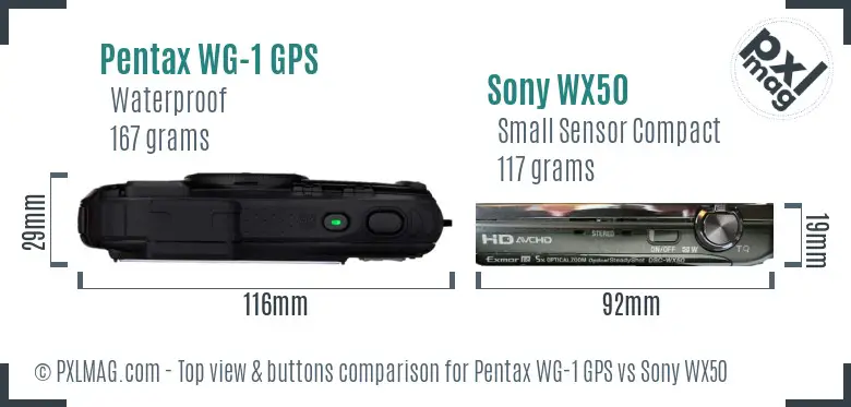 Pentax WG-1 GPS vs Sony WX50 top view buttons comparison Pentax WG-1 GPS vs Sony WX50 top view buttons comparison