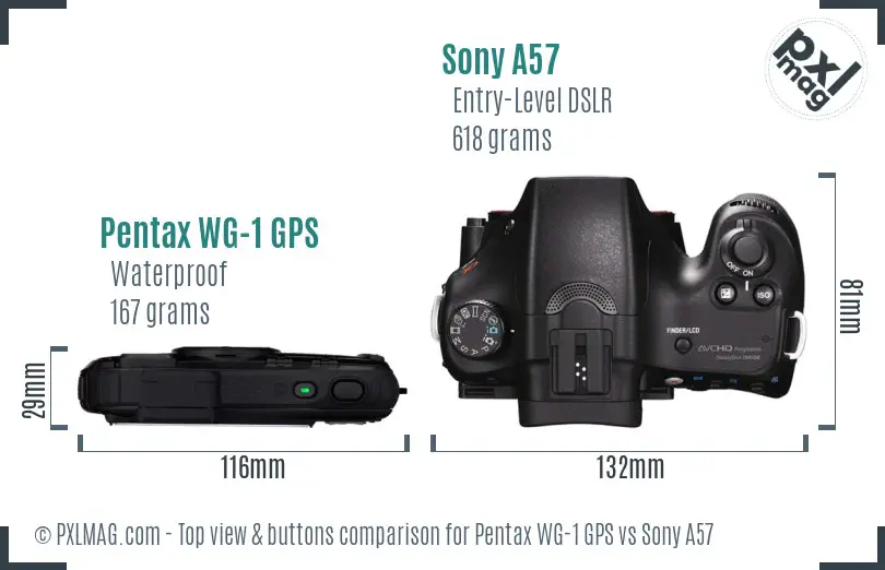 Pentax WG-1 GPS vs Sony A57 top view buttons comparison Pentax WG-1 GPS vs Sony A57 top view buttons comparison
