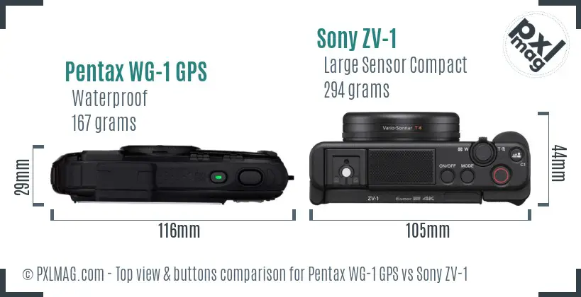 Pentax WG-1 GPS vs Sony ZV-1 top view buttons comparison Pentax WG-1 GPS vs Sony ZV-1 top view buttons comparison