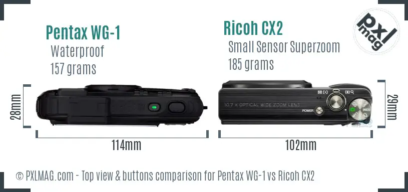 Pentax WG-1 vs Ricoh CX2 top view buttons comparison Pentax WG-1 vs Ricoh CX2 top view buttons comparison