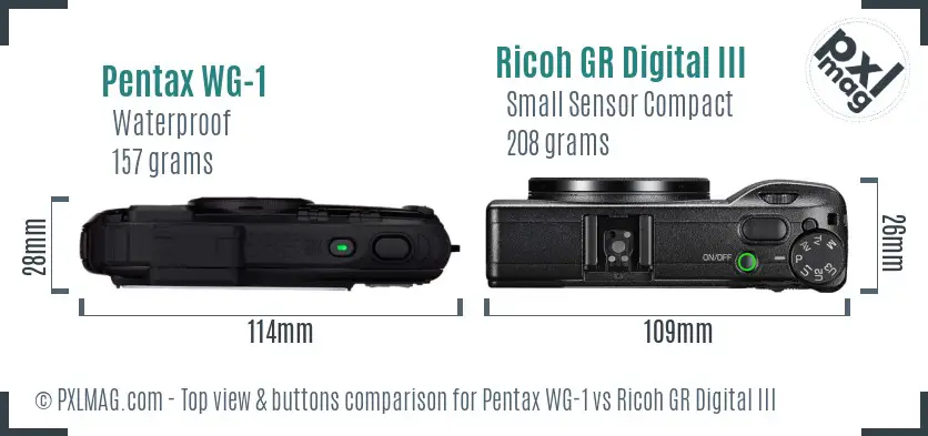 Pentax WG-1 vs Ricoh GR Digital III top view buttons comparison Pentax WG-1 vs Ricoh GR Digital III top view buttons comparison