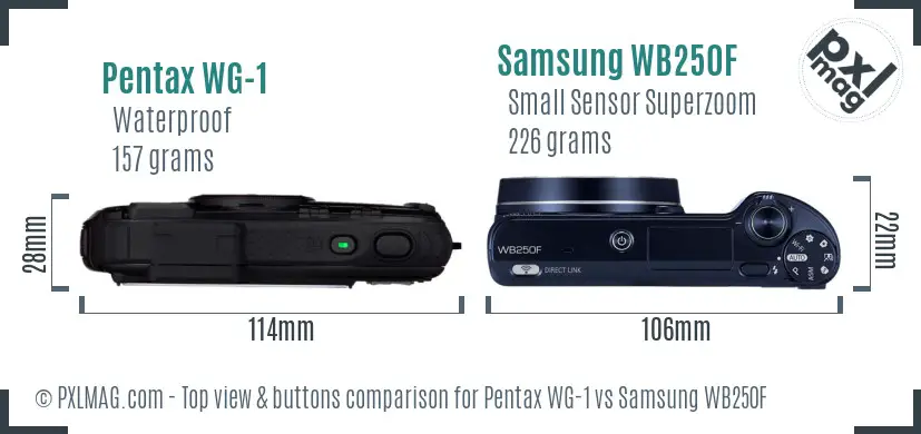 Pentax WG-1 vs Samsung WB250F top view buttons comparison Pentax WG-1 vs Samsung WB250F top view buttons comparison