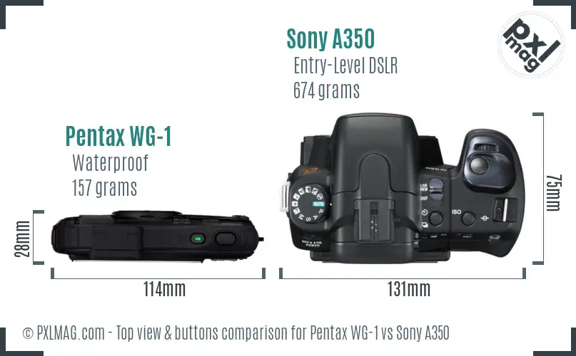 Pentax WG-1 vs Sony A350 top view buttons comparison Pentax WG-1 vs Sony A350 top view buttons comparison