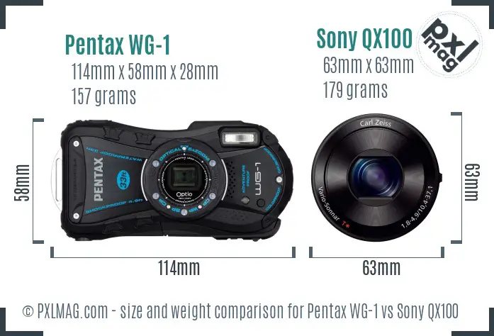Pentax WG-1 vs Sony QX100 size comparison