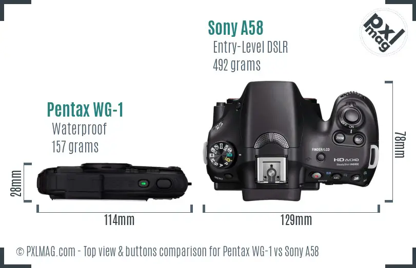 Pentax WG-1 vs Sony A58 top view buttons comparison Pentax WG-1 vs Sony A58 top view buttons comparison