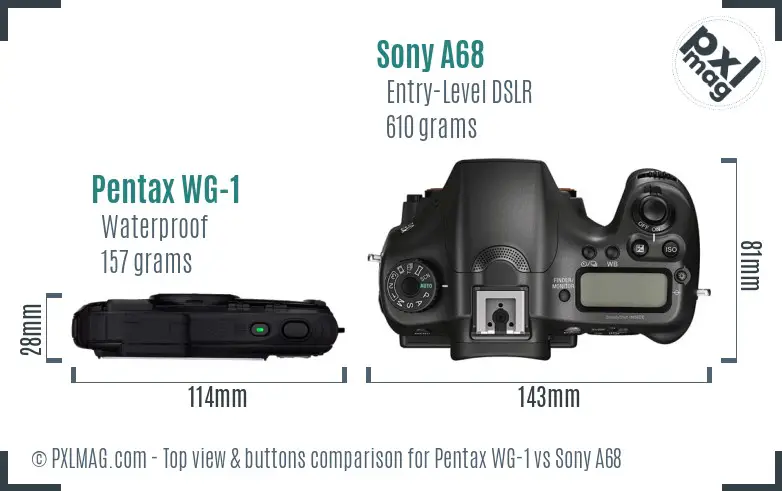 Pentax WG-1 vs Sony A68 top view buttons comparison Pentax WG-1 vs Sony A68 top view buttons comparison