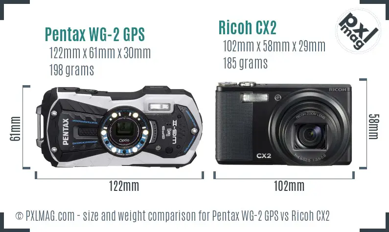 Pentax WG-2 GPS vs Ricoh CX2 size comparison