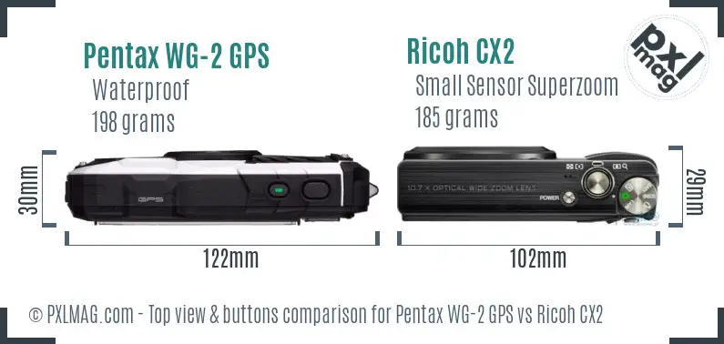 Pentax WG-2 GPS vs Ricoh CX2 top view buttons comparison