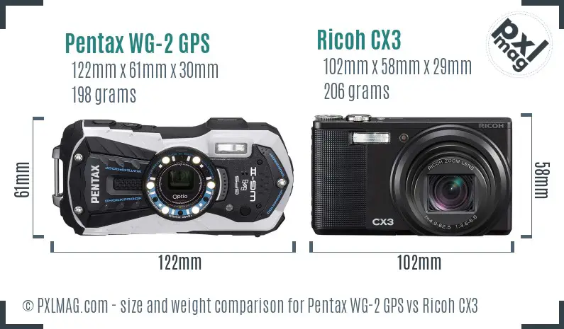 Pentax WG-2 GPS vs Ricoh CX3 size comparison