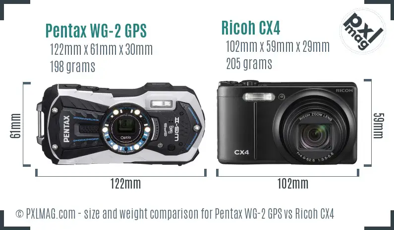 Pentax WG-2 GPS vs Ricoh CX4 size comparison