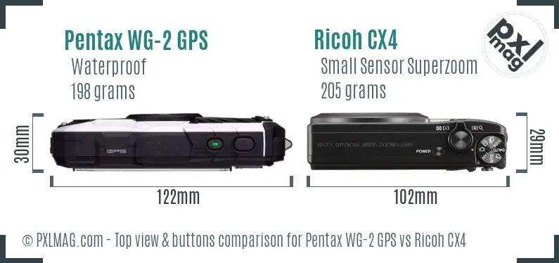 Pentax WG-2 GPS vs Ricoh CX4 top view buttons comparison