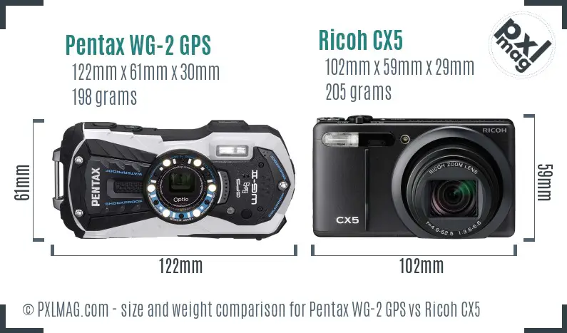 Pentax WG-2 GPS vs Ricoh CX5 size comparison