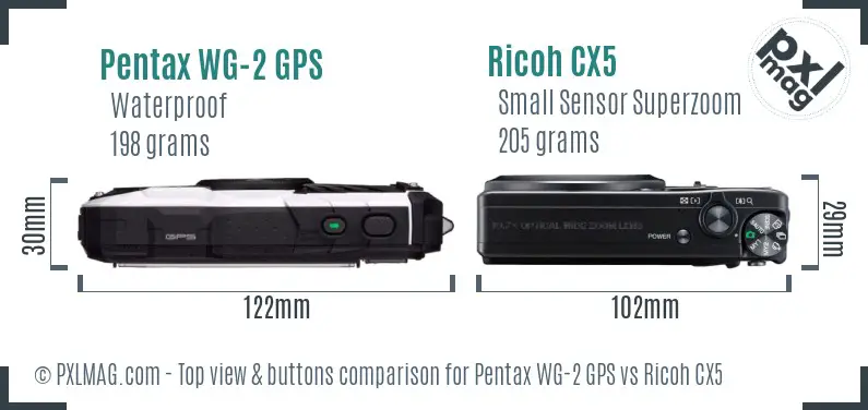 Pentax WG-2 GPS vs Ricoh CX5 top view buttons comparison