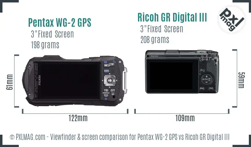 Pentax WG-2 GPS vs Ricoh GR Digital III Screen and Viewfinder comparison