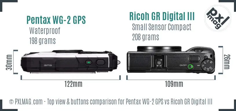 Pentax WG-2 GPS vs Ricoh GR Digital III top view buttons comparison