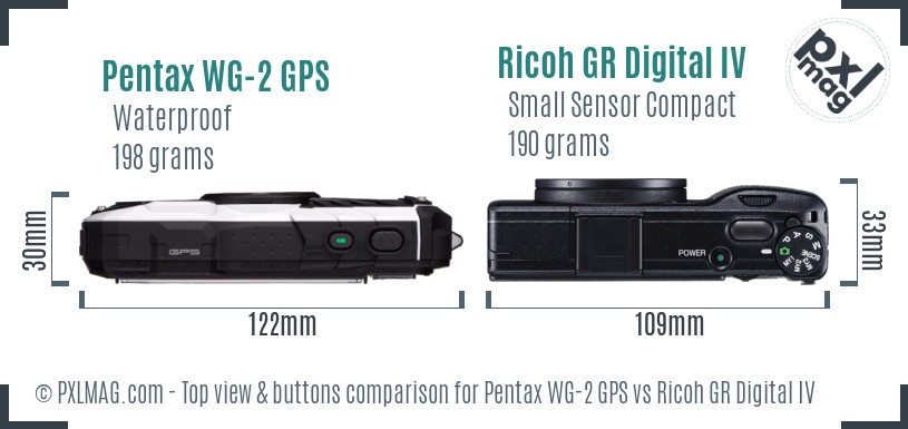 Pentax WG-2 GPS vs Ricoh GR Digital IV top view buttons comparison