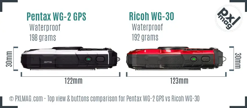 Pentax WG-2 GPS vs Ricoh WG-30 top view buttons comparison Pentax WG-2 GPS vs Ricoh WG-30 top view buttons comparison