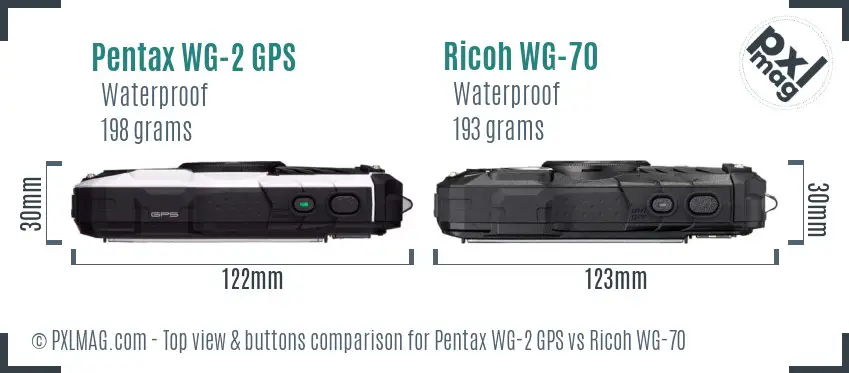 Pentax WG-2 GPS vs Ricoh WG-70 top view buttons comparison