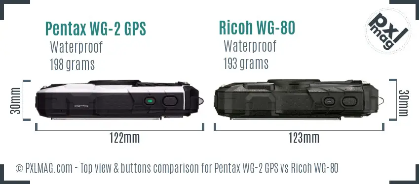 Pentax WG-2 GPS vs Ricoh WG-80 top view buttons comparison Pentax WG-2 GPS vs Ricoh WG-80 top view buttons comparison