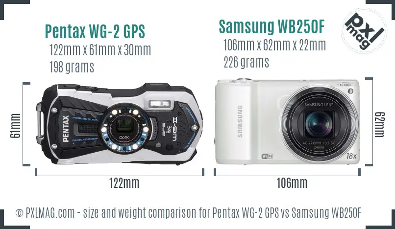 Pentax WG-2 GPS vs Samsung WB250F size comparison Pentax WG-2 GPS vs Samsung WB250F size comparison