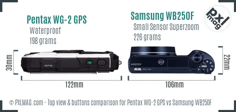 Pentax WG-2 GPS vs Samsung WB250F top view buttons comparison Pentax WG-2 GPS vs Samsung WB250F top view buttons comparison