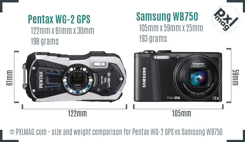 Pentax WG-2 GPS vs Samsung WB750 size comparison Pentax WG-2 GPS vs Samsung WB750 size comparison