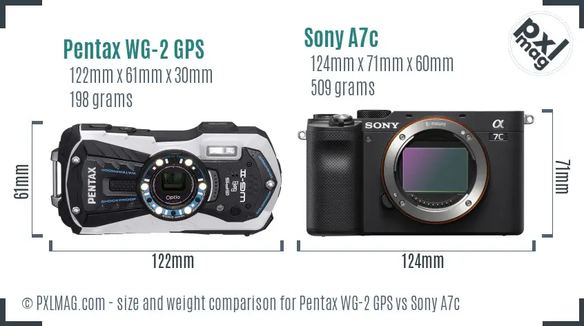 Pentax WG-2 GPS vs Sony A7c size comparison