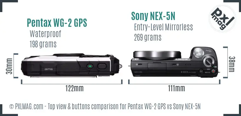 Pentax WG-2 GPS vs Sony NEX-5N top view buttons comparison Pentax WG-2 GPS vs Sony NEX-5N top view buttons comparison