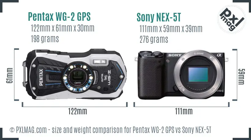 Pentax WG-2 GPS vs Sony NEX-5T size comparison Pentax WG-2 GPS vs Sony NEX-5T size comparison