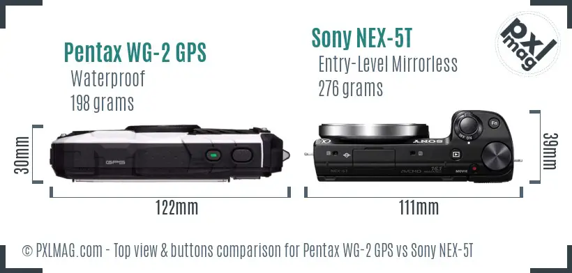 Pentax WG-2 GPS vs Sony NEX-5T top view buttons comparison Pentax WG-2 GPS vs Sony NEX-5T top view buttons comparison