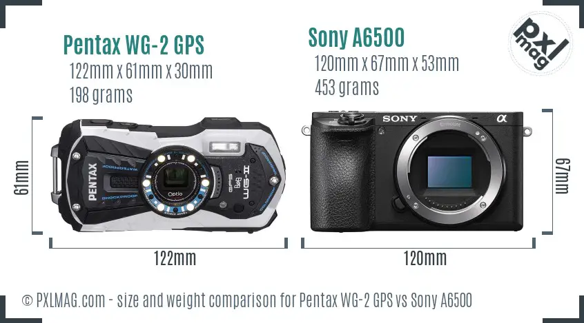 Pentax WG-2 GPS vs Sony A6500 size comparison