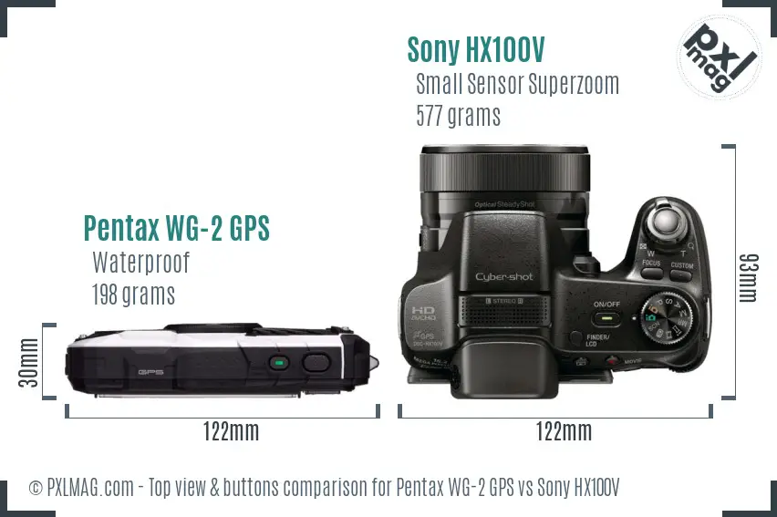 Pentax WG-2 GPS vs Sony HX100V top view buttons comparison Pentax WG-2 GPS vs Sony HX100V top view buttons comparison