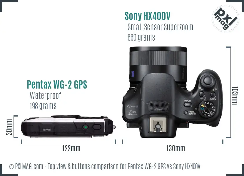 Pentax WG-2 GPS vs Sony HX400V top view buttons comparison Pentax WG-2 GPS vs Sony HX400V top view buttons comparison