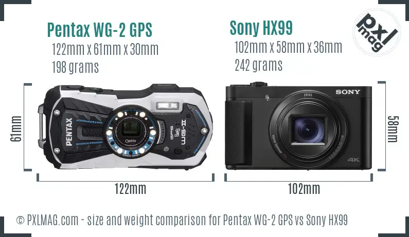 Pentax WG-2 GPS vs Sony HX99 size comparison Pentax WG-2 GPS vs Sony HX99 size comparison
