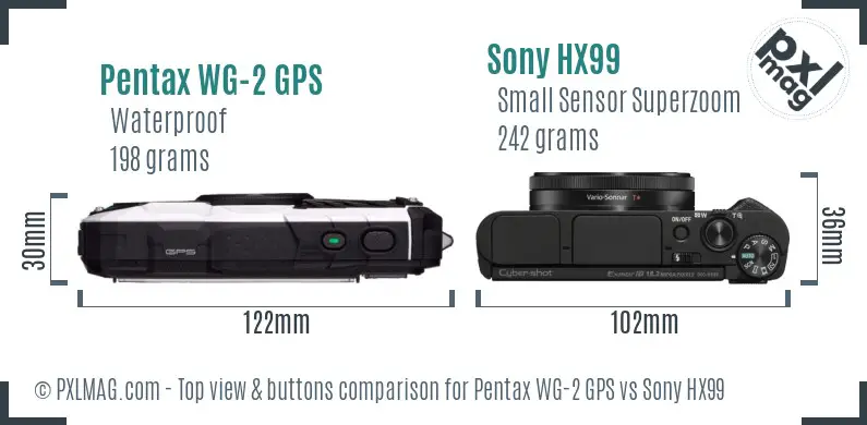 Pentax WG-2 GPS vs Sony HX99 top view buttons comparison Pentax WG-2 GPS vs Sony HX99 top view buttons comparison
