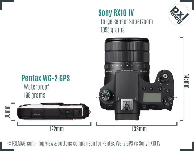 Pentax WG-2 GPS vs Sony RX10 IV top view buttons comparison Pentax WG-2 GPS vs Sony RX10 IV top view buttons comparison