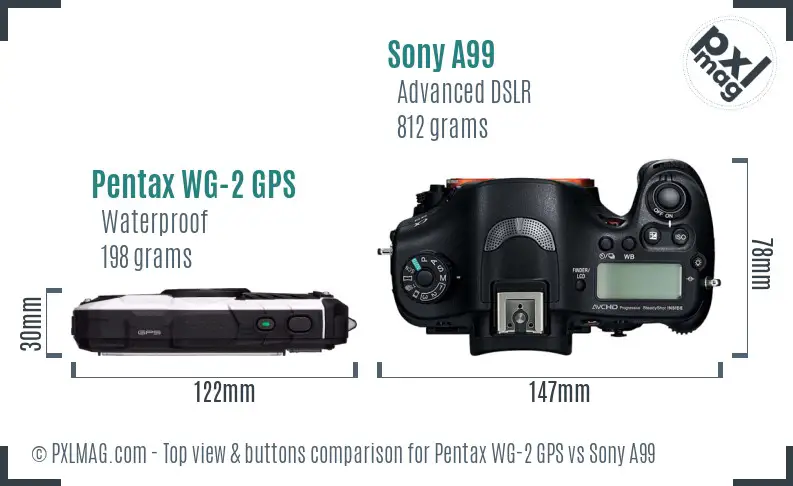 Pentax WG-2 GPS vs Sony A99 top view buttons comparison Pentax WG-2 GPS vs Sony A99 top view buttons comparison