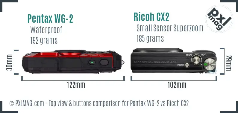 Pentax WG-2 vs Ricoh CX2 top view buttons comparison Pentax WG-2 vs Ricoh CX2 top view buttons comparison