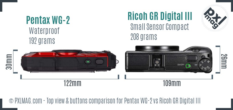 Pentax WG-2 vs Ricoh GR Digital III top view buttons comparison