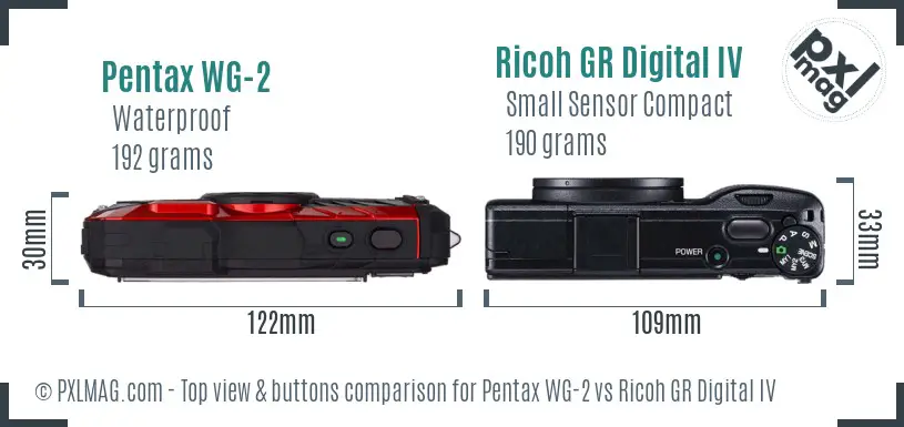 Pentax WG-2 vs Ricoh GR Digital IV top view buttons comparison