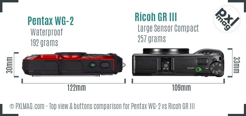 Pentax WG-2 vs Ricoh GR III top view buttons comparison
