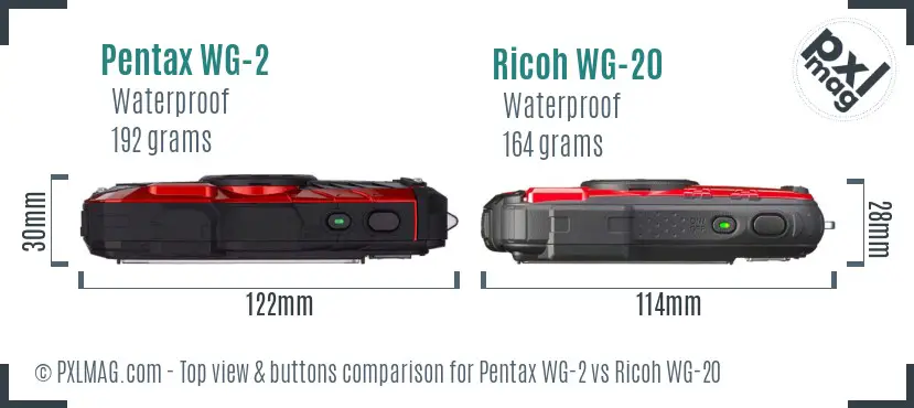 Pentax WG-2 vs Ricoh WG-20 top view buttons comparison Pentax WG-2 vs Ricoh WG-20 top view buttons comparison