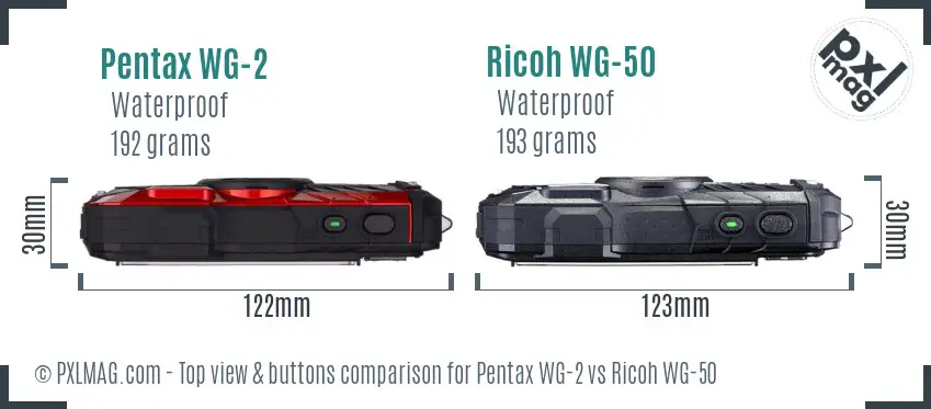 Pentax WG-2 vs Ricoh WG-50 top view buttons comparison Pentax WG-2 vs Ricoh WG-50 top view buttons comparison