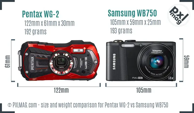 Pentax WG-2 vs Samsung WB750 size comparison Pentax WG-2 vs Samsung WB750 size comparison