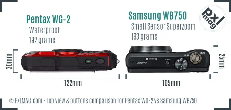 Pentax WG-2 vs Samsung WB750 top view buttons comparison Pentax WG-2 vs Samsung WB750 top view buttons comparison